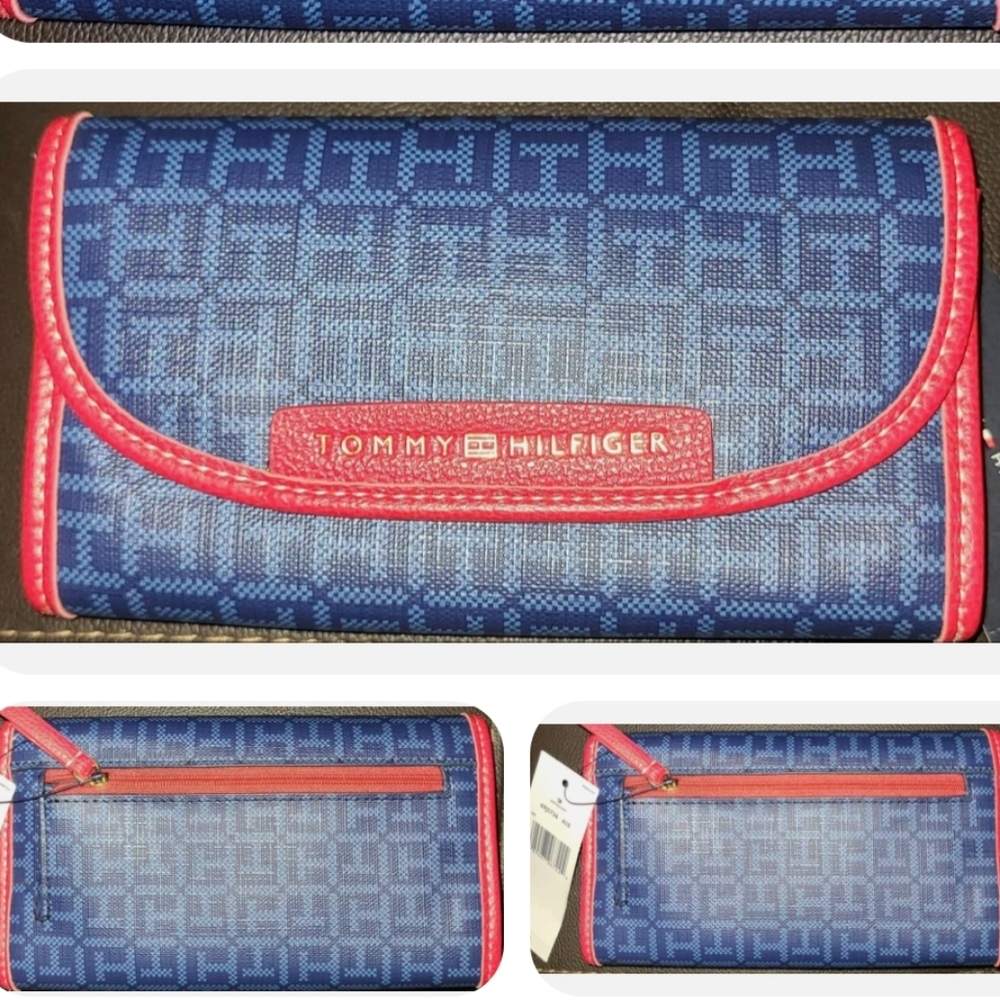 TOMMY HILFIGER NAVY BLUE & RED SIGNATURE TH LOGO WALLET $78 TOMMY HILFIGER